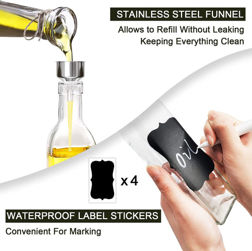 GMISUN 8oz Olive Oil Bottle Dispenser, 4 Pack Leakproof Oil And Vinegar Cruet Set With Clear Glass Oil Bottle, Non-Drip Spouts, Black Caps, Funnel And Labels