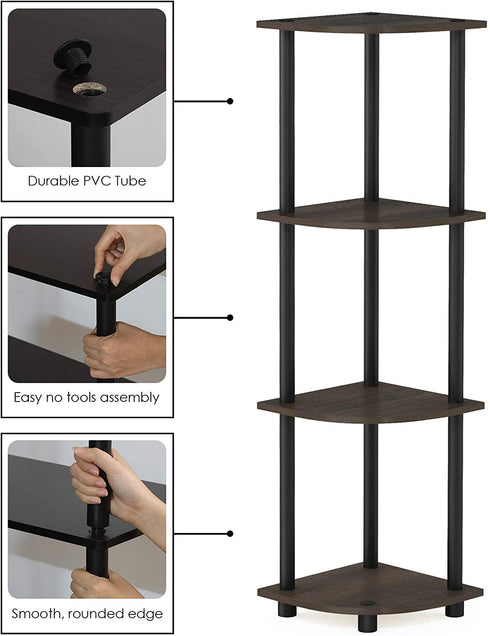 Furinno Turn-N-Tube 4-Tier Corner Display Rack Multipurpose Shelving Unit, Dark Brown Grain/Black