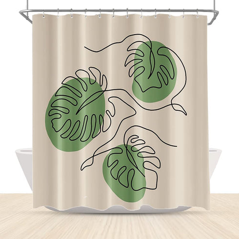 Aesthetic Tropical Leaves Shower Curtains, Watercolor Modern Summer Minimalistic Style Green Jungle Palm Leaf Bathroom Curtains with Hooks 72x72, Fabric Waterproof