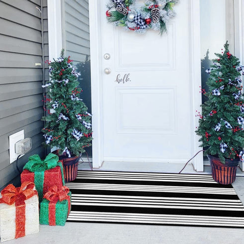 OJIA Cotton Black and White Striped Rug 24'' x 51''Hand-Woven Indoor/Outdoor Area Rug Layered Door Mats for Front Porch/Entryway/Laundry Room/ Bedroom/Outdoor