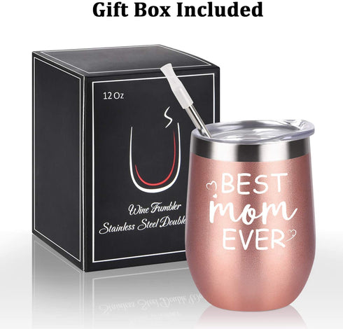 Gingprous Best Mom Ever Wine Tumbler with Lid and Straw, Mother's Day Birthday Gifts for Mom Mommy Mother, Stainless Steel Insulated Mom Wine Tumbler with Saying for Women (12 Oz, Rose Gold)