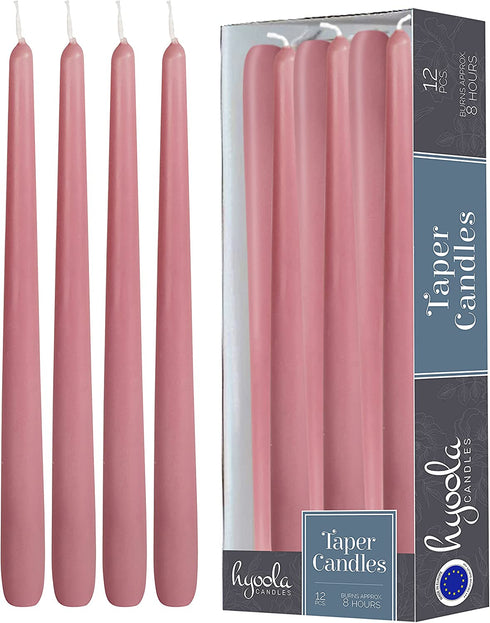 12 Pack Tall Taper Candles - 10 Inch Rose Pink Dripless, Unscented Dinner Candle - Paraffin Wax with Cotton Wicks - 8 Hour Burn Time