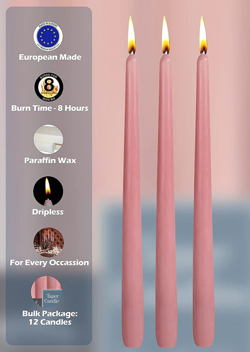 12 Pack Tall Taper Candles - 10 Inch Rose Pink Dripless, Unscented Dinner Candle - Paraffin Wax with Cotton Wicks - 8 Hour Burn Time
