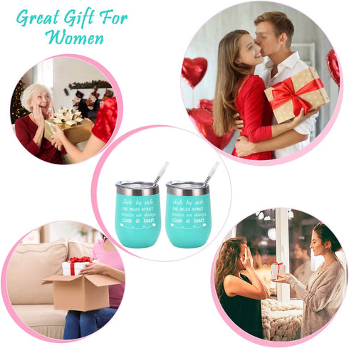 12 Oz Stainless Steel Insulated Friends Wine Tumbler Set of 2, Side By Side or Miles Apart Friends Are Always Close at Heart Wine Tumbler for Friendship Good Friends Long Distance Friends Women, Mint