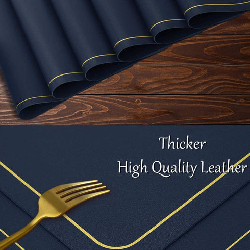 Navy Blue Placemats Set of 4, Faux Leather Waterproof Wipeable Washable Indoor Placemats for Dining Table Home Kitchen Dinner, Dark Blue Rectangle Placemats, WEHVKEI Easy Clean Table Mats Set of 4