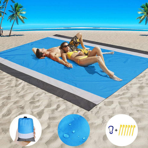 Beach Blanket Sand Proof Beach Mat Sand Free Extra Large Oversized for 4-7 Adults Waterproof Big & Compact Sandless Picnic Mat Quick Drying Nylon Lightweight with 6 Stakes & 4 Corner Pocket (7'×6.6')