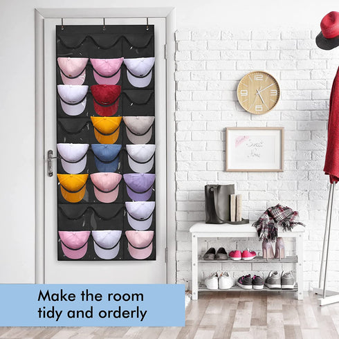 Melpler Hat Rack Hat Organizer,Hat Racks for Baseball Caps,Hat Organizer for Baseball Caps,Hat Storage with 24 Clear Deep Pockets,Hat Rack for Wall/Door Complete with Over Door Hooks(Black)