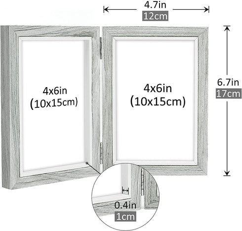 Afuly Rustic Double Picture Frame 4x6 Dual Grey Photo Frames Wooden Hinged Folding Vertical 2 Openings Unique Wedding Gifts