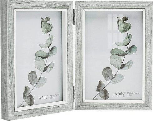 Afuly Rustic Double Picture Frame 4x6 Dual Grey Photo Frames Wooden Hinged Folding Vertical 2 Openings Unique Wedding Gifts