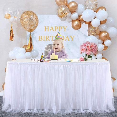 White Table Skirt Baby Shower 6ft Tulle Table Skirting with Gold Brim Round and Rectangle Tutu Table Decoration Table Cloth for Birthday Party,Gender Reveal Wedding(L6(ft), H30in)