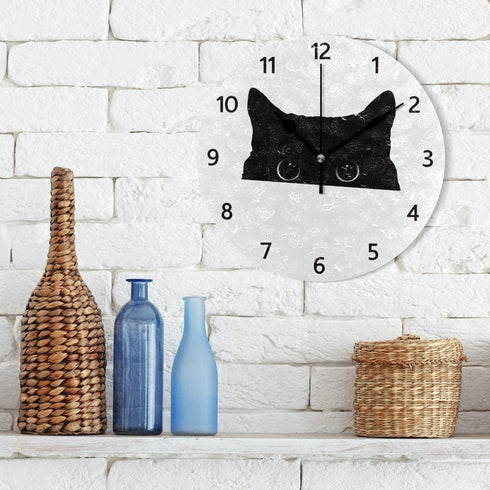 MERRYSUGAR Black Cat White Wall Clock Silent Non Ticking Digital Round Clock Desk Clock for Home Kitchen Office School Home Decor 9 Inch