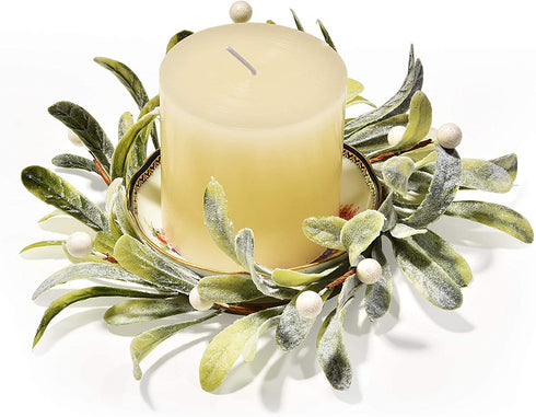 Feirui Pillar Candle Rings Set of 3, Frosted Mistletoe Wreaths with Pearl Accents,Christmas Holiday Parties and Home Decor