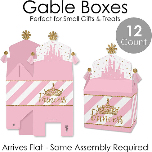 Big Dot of Happiness Little Princess Crown - Treat Box Party Favors - Pink and Gold Princess Baby Shower or Birthday Party Goodie Gable Boxes - Set of 12