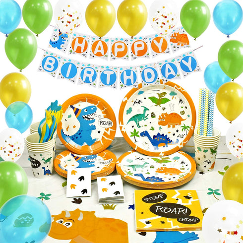 WERNNSAI Dinosaur Party Supplies Set - Dinosaur Themed Party Decoration for Boys Kids Birthday Cutlery Bag Table Cover Plates Cups Napkins Straws Utensils Banner & Balloons Serves 16 Guests 169 PCS