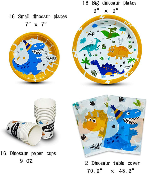 WERNNSAI Dinosaur Party Supplies Set - Dinosaur Themed Party Decoration for Boys Kids Birthday Cutlery Bag Table Cover Plates Cups Napkins Straws Utensils Banner & Balloons Serves 16 Guests 169 PCS