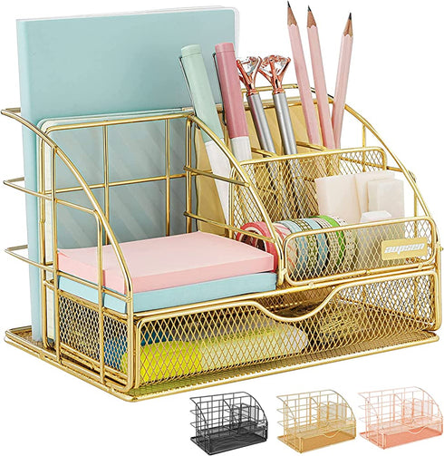 Gold Desk Organizer, AUPSEN Mesh Office Supplies Desk Accessories, Features 5 Compartments + 1 Mini Sliding Drawer