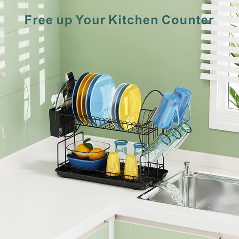 Dish Drying Rack, GSlife Rust-Resistant Small 2 Tier Dish Rack with Drainboard Set, Dish Drainer with Utensil Holder & Cup Holder for Kitchen Counter, Black