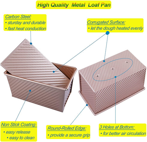 HXYD Pullman Loaf Pan with Lid, Pans for Baking Bread, Non Stick Bakeware Bread Toast 2 Silicone Basting Brushes, Carbon Steel Corrugated Mold Cover, Gold