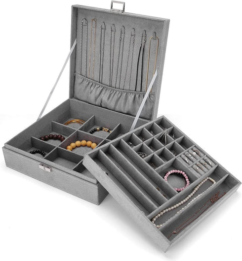 ProCase Jewelry Box Organizer for Women Girls, Two Layer Jewelry Display Storage Holder Case for Necklace Earrings Bracelets Rings Watches -Grey