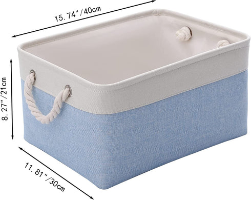 Fabric Storage Basket Set of 3, Foldable Linen Storage Box for Nursery and Home, Collapsible Canvas Shelf Basket for Wardrobe or Bedroom, Blue and White
