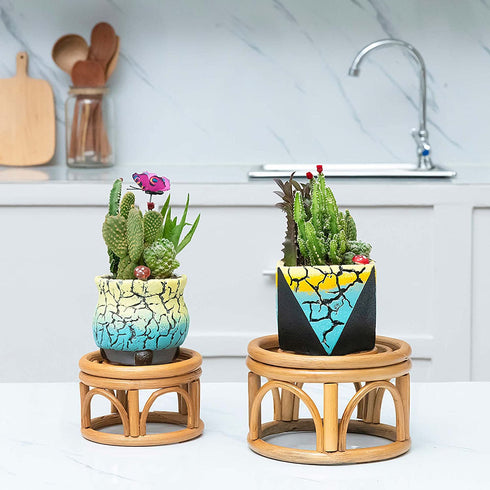 Set of 2 Mini Rattan Woven Plant Stand for Indoor Plants Round Decorative Flower Riser Holder Modern Plant Stand with Boho Plant Stand Holder Suitable Fits 4'' and 6'' Pots