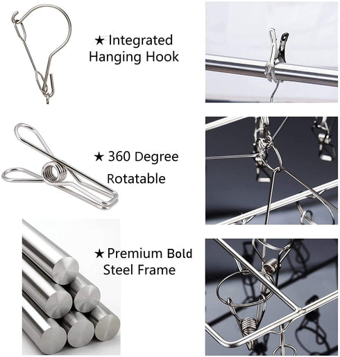 2 Pack Stainless Steel Sock Drying Rack with 72 Clips, Swivel Wind-Proof Hook Clothes Hanger Dryer for Sock, Underwear, Bra, Laundry Accessories