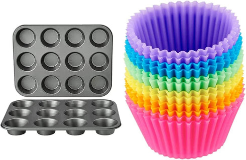 Amazon Basics Nonstick Muffin Baking Pan, 12 cups - Set of 2 & Reusable Silicone Baking Cups, Pack of 12, Multicolor