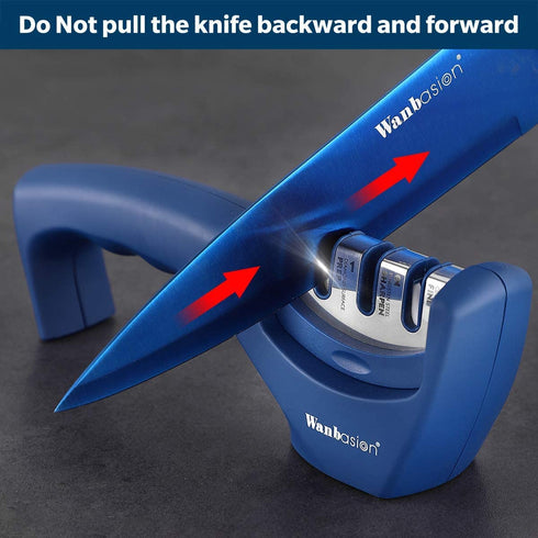 Wanbasion Blue Kitchen Knife Sharpener Professional 3 Stages, Kitchen Knife Sharpener Manual Sharpening, Knife Sharpener for Kitchen Knives with Stainless Steel Ceramic Diamond Blade