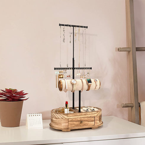 Emfogo Jewelry Organizer Tree Stand Wood Basic Jewelry Drawer Storage Box with Double Rods & 3 Tier Jewelry Holder Bracelet Organizer Necklaces Earring Ring Display(Carbonized Black)