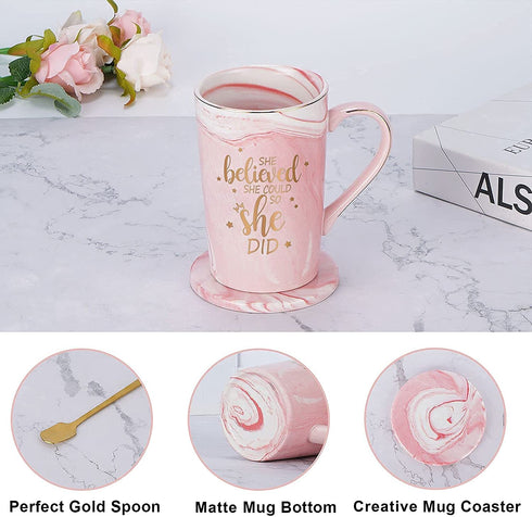 She believed She Could So She Did Mug, Graduation Gift for Her, Inspirational Spiritual Motivational Congratulations Gifts for Women, Gift for Mothers Day, Birthday, Christmas 14 Oz Pink Marble Mug