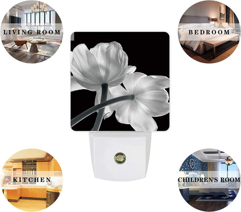 Plug-in Night Light Lamp with Sensor, Flower Art Grey and White Tulip, Wall LED Nightlights Auto Dusk to Dawn Sensor for Bedroom, Baby Nursing, Bathroom, Hallway, Stairs Home Decorative Black