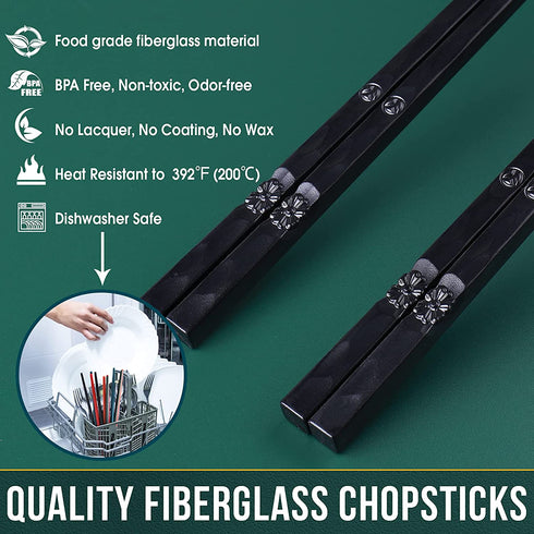5 Pairs Japanese Fiberglass Chopsticks, GLAMFIELDS Reusable Chop sticks Dishwasher Safe, Non-slip, 9 1/2 inches - Gift Set Black