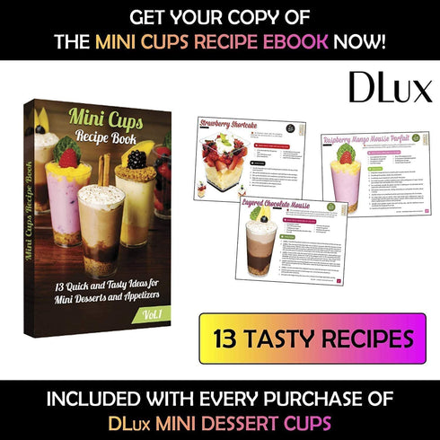 DLux 100 x 2 oz Mini Dessert Cups with Spoons, Square Short - Clear Plastic Parfait Appetizer Cup - Small Reusable Serving Bowl for Tasting Party Desserts Appetizers - With Recipe Ebook