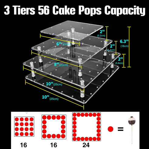 Cake Pop Display Stand, 56 Holes Clear Acrylic 3 Tier Square Cupcake Dessert Holder Weddings Baby Showers Birthday Parties Anniversaries Halloween Candy Decorative (56 Hole)