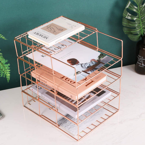Hosaken Paper Tray, 4 Tier Stackable File Tray, Decorative Desk File Organizer Rack for Office Supplies and Accessories, 0.16Inch Thick Frame Rose Gold