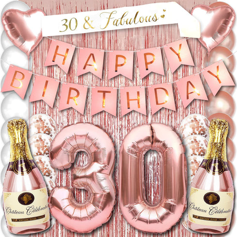 PartyForever 30th Birthday Decorations for Women Rose Gold Supplies Big Set Including Birthday Banner with 30 and Fabulous Bday Sash for Her Party Decor