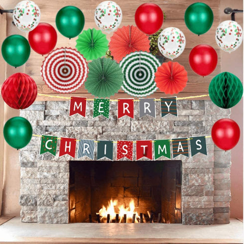 Christmas Party Decorations Kit - Set Includes Merry Christmas Banner Paper Fans Honeycomb Balls Xmas Photo Booth Props Confetti Balloons Red Green Latex Balloons String for Indoors Office Home Decors