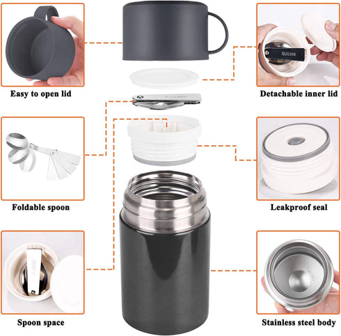 Baokai Vacuum Insulated Food Jar 20 oz, Kids Soup Thermos for Hot Food Stainless Steel Lunch Container Leak Proof Thermal Flask with Folding Spoon for School Office Picnic Travel Outdoors-Black