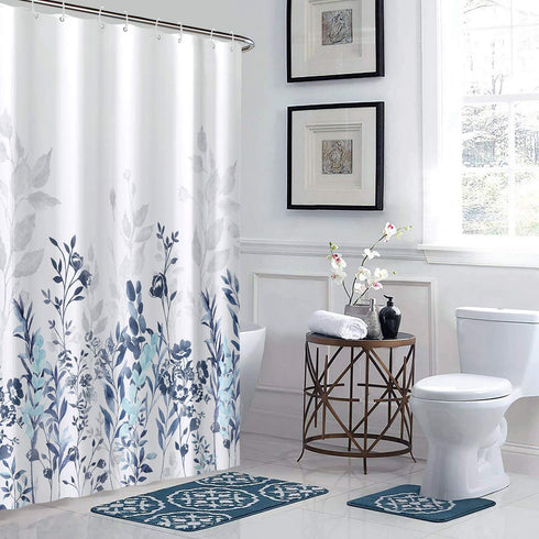 Neasow Blue and Grey Shower Curtain, Watercolor Floral Bathroom Curtain Teal and White Shower Curtains 72—72 inches