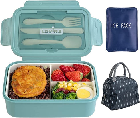 Bento Box With Ice Pack Lunch Bag Set, 37OZ Bento box for Adults Kids, Come With Utensils, 6 Liter Insulated Lunch Bag and Ice Pack, Leakproof, Durable, BPA-Free and Food-Safe Materials(Light Blue)