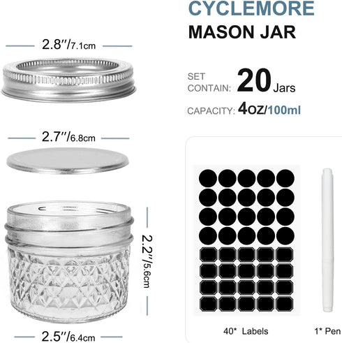 CycleMore 20 Pcs 4oz 100ml 4 oz Clear Glass Mini Mason Jars With Silver Separable Lids and Diamond appearance, Small Mason Jars Round Canning Jars Spice Jars for Honey, Jam, Jelly, Wedding Favors, Kitchen Food Storage