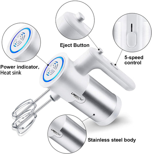 Hand Mixer, LINKChef Hand Mixer Electric 5 speed beater for Whipping + Mixing Cookies, Brownies, Cakes, Dough, Batters, Meringues & More