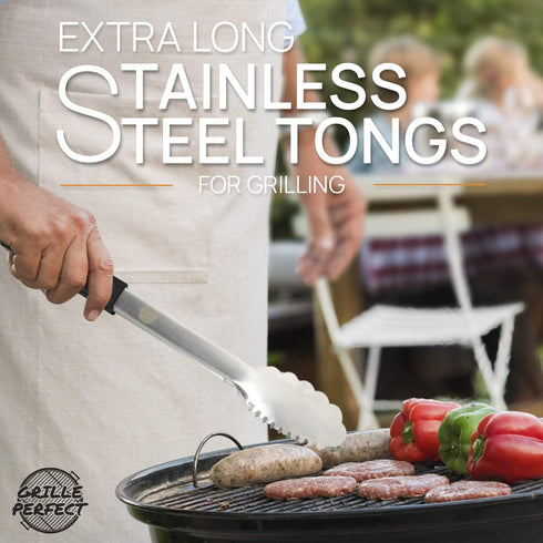 Extra Long (16 Inch) Stainless Steel Tongs For Grilling - Heavy Duty BBQ Utensil with 3-sided Silicone Safety Grips