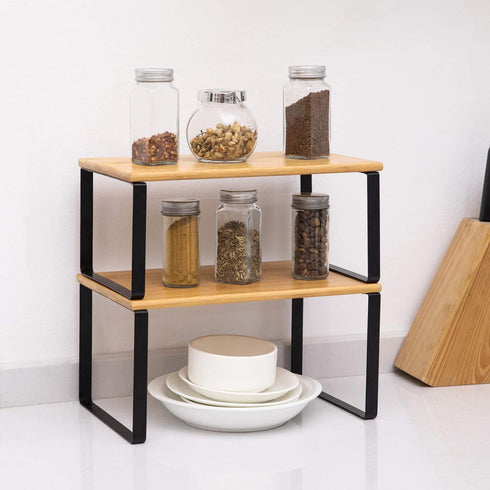 NEX Bamboo Kitchen Cabinet and Counter Shelf Organizer, Stackable & Expandable, Black and Natural