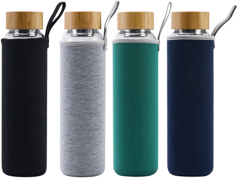 sunkey Glass Water Bottle 32 oz Wide Mouth with Sleeve Bamboo Lid 1 Litre Motivational Water Bottle With Time Marker Reusable Safe for Hot Cold Drinks Bpa Free (Gray)
