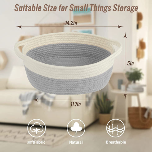 Cotton Rope Basket Small, IMQSQIK Rope Woven Storage Baskets with Handles, Oval 2 Pack, Light Gray White
