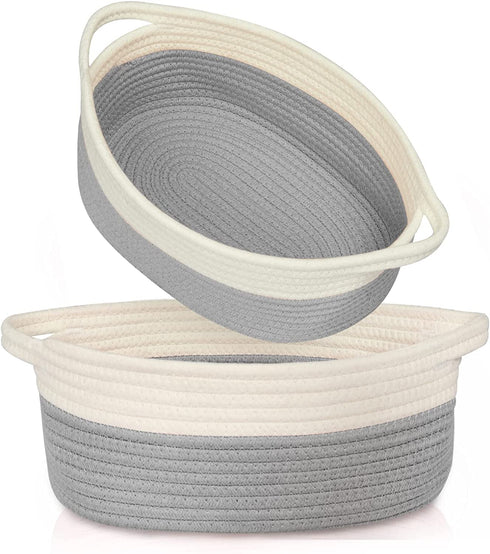 Cotton Rope Basket Small, IMQSQIK Rope Woven Storage Baskets with Handles, Oval 2 Pack, Light Gray White