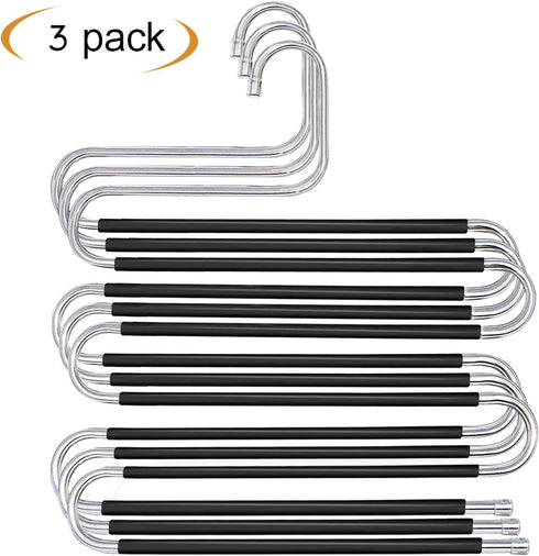 HonTop 3 Pack Pants Hangers S-Shape 5 Layers Stainless Steel with Black Silicone Coating Multi Clothes Cascading Hangers Space Saving Clothes Organizer for Jeans Pants Scarf Ties Towels