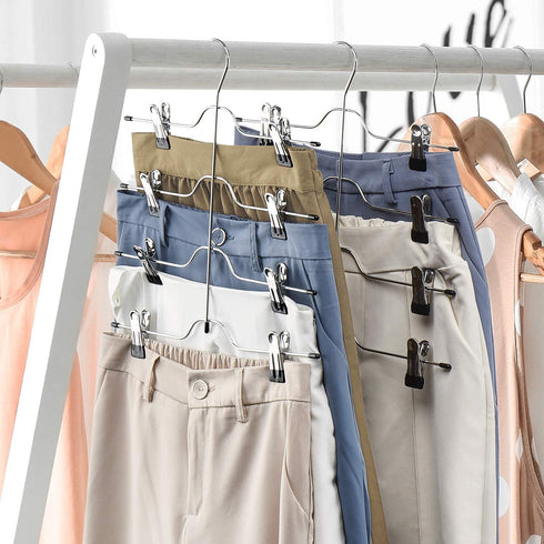 HOUSE DAY Skirt Hangers 4 Tier Shorts Hangers with Clips,6 Pack Space Saving Pants Hangers,Multi Slack Skirt Hanger Metal Trouser Clip Hangers for Slack,Trouser,Jeans,Towels