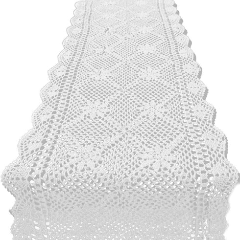 KEPSWET 14x48 inch White Cotton Crochet Lace Rectangular Table Runner Handmade Table Decoration
